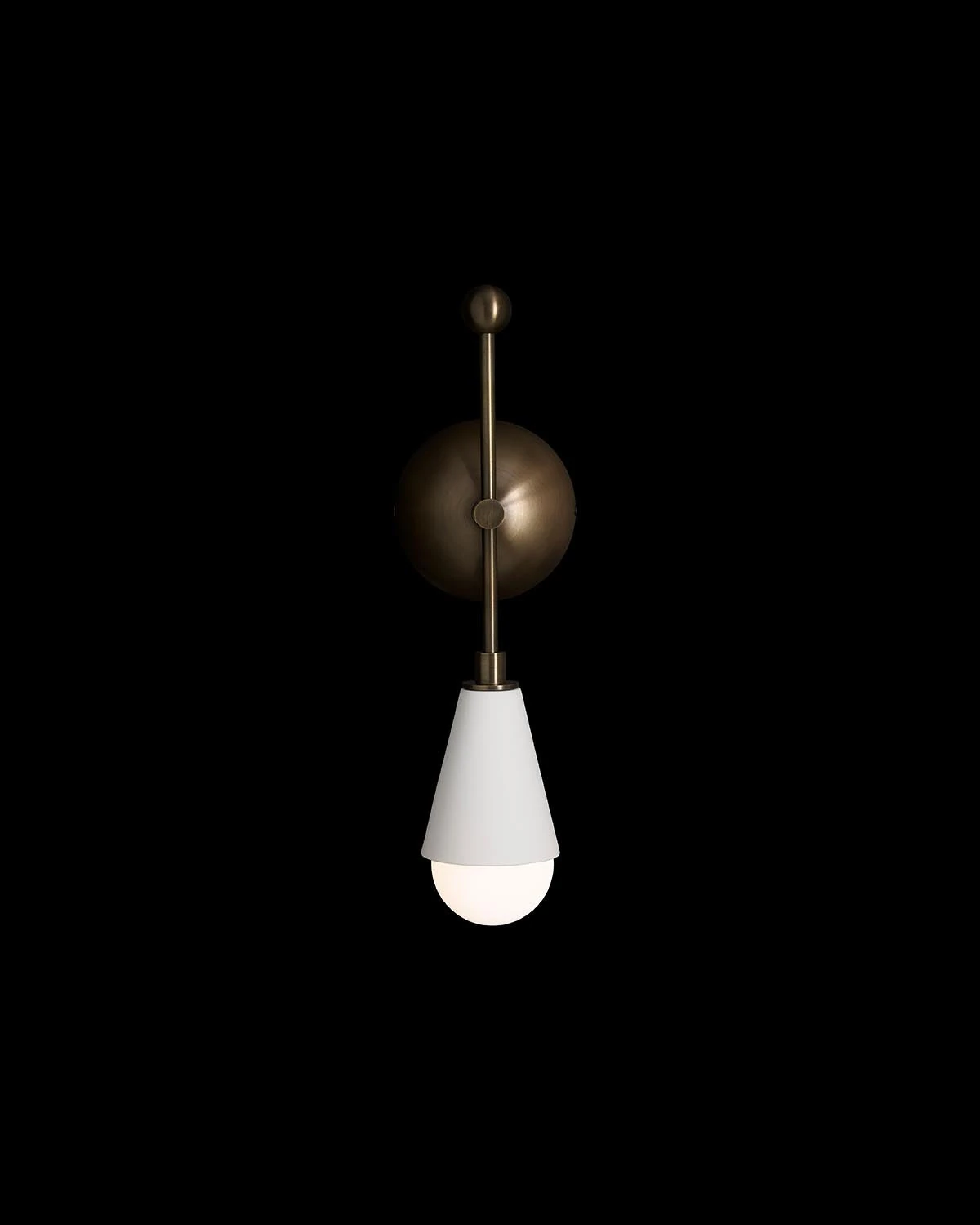 Apparatus TRIAD : 1 Sconce with brass armature and hand-cast porcelain cone, glowing sphere below