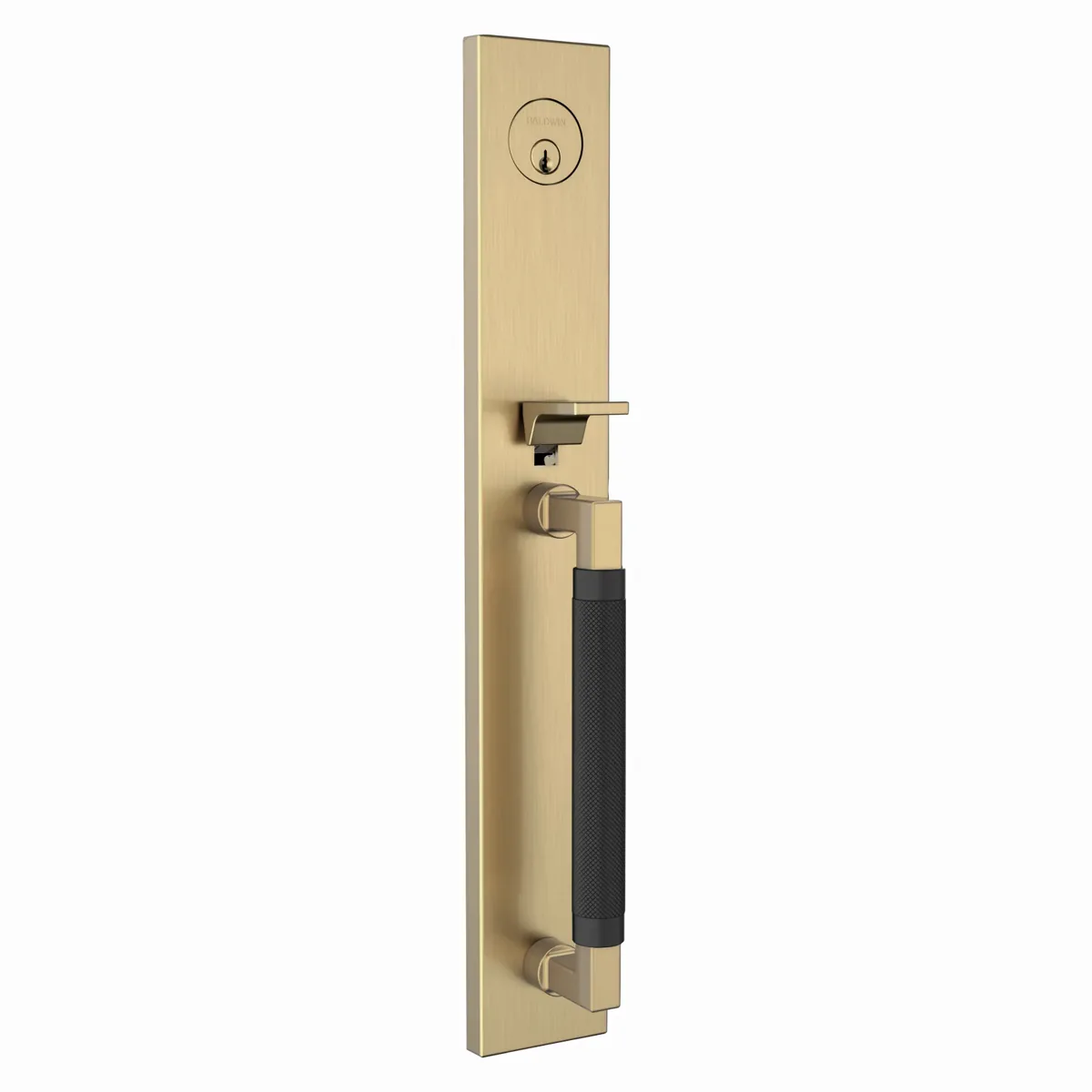 Exterior Gramercy 85317 full escutcheon — keyed cylinder, thumb latch, and knurled D-pull in forged brass