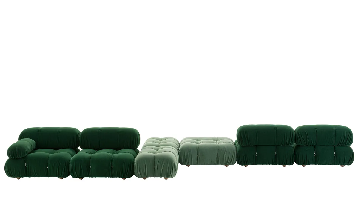 Camaleonda seat, back, arm, and ottoman modules in two greens, showing the cable-and-ring capitonné system