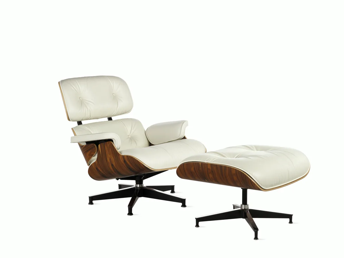 Eames Lounge Chair and Ottoman in palisander plywood with white leather upholstery